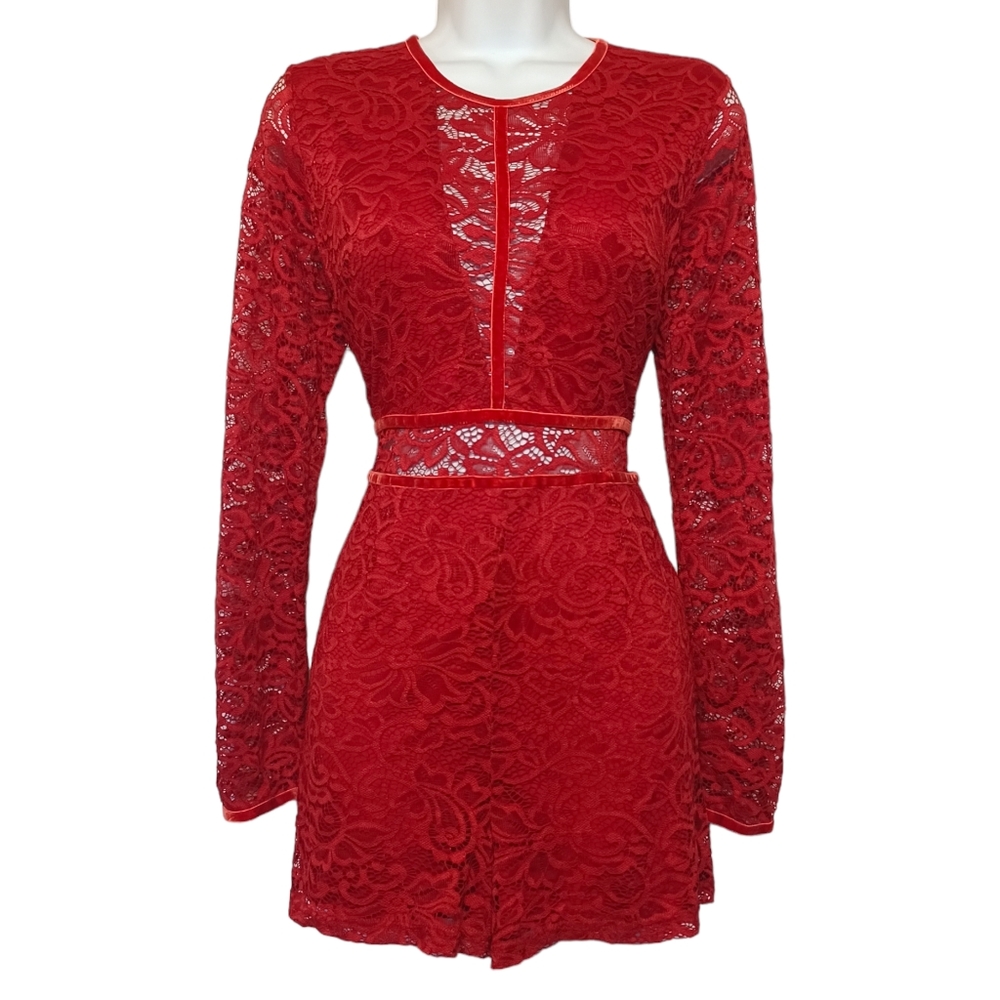 G BY GUESS Velvet Red Floral Lace Long Sleeve Cut Out Lined Romper Medium